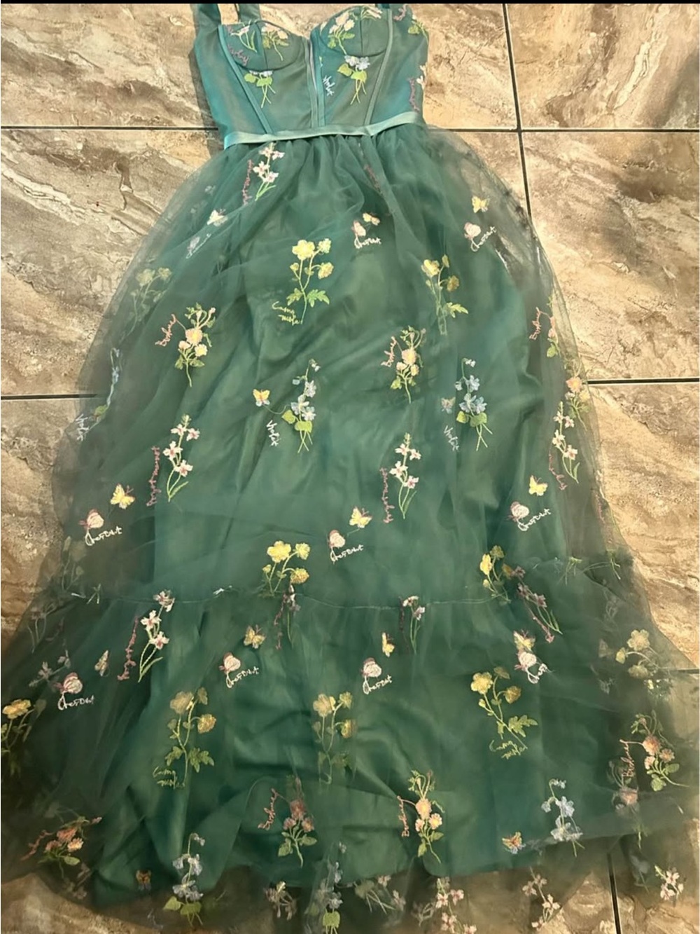 Green Floral Embroidered Tulle Dress